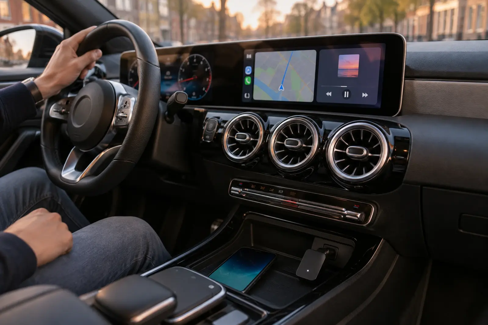 Draadloze Android Auto-adapter in de USB-poort van de middenconsole van een auto in Amersfoort, met de telefoon ernaast