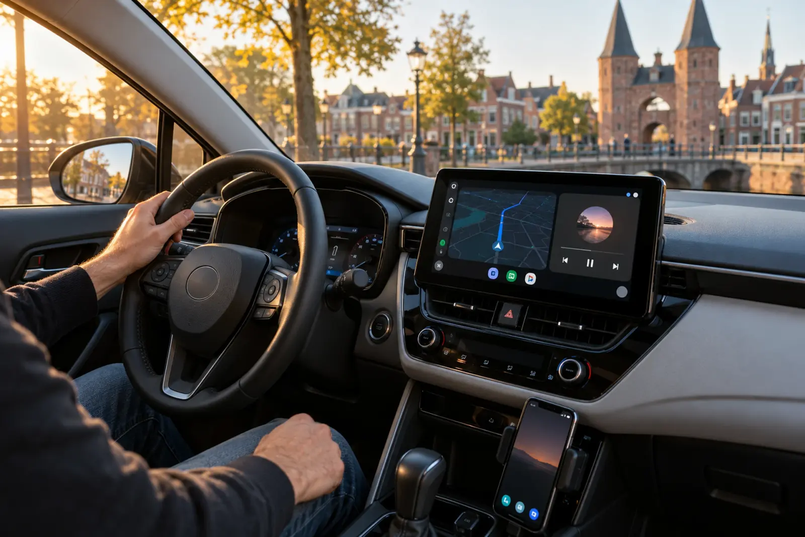 Android Auto bestellen in Amersfoort: kaart en muziek op een 10-inch scherm, met een stadspoort van Amersfoort achter de voorruit