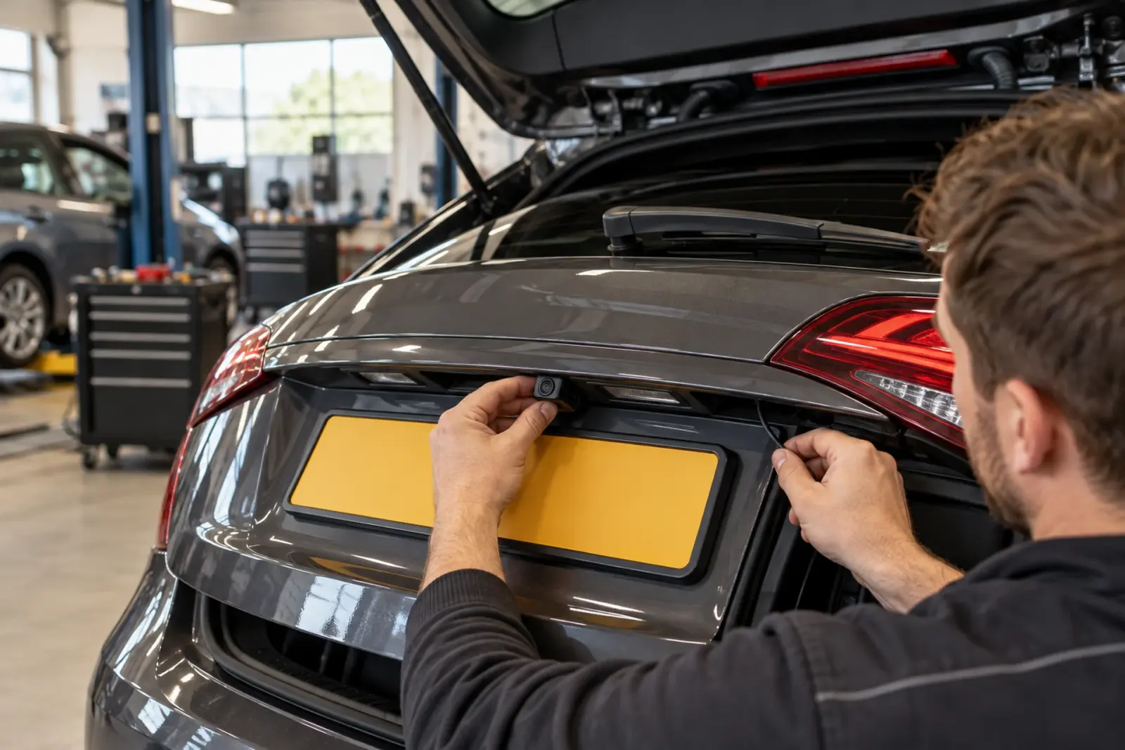 Monteur monteert een achteruitrijcamera boven de kentekenplaat van een hatchback uit Amersfoort, tegelijk met de nieuwe Android Auto-radio
