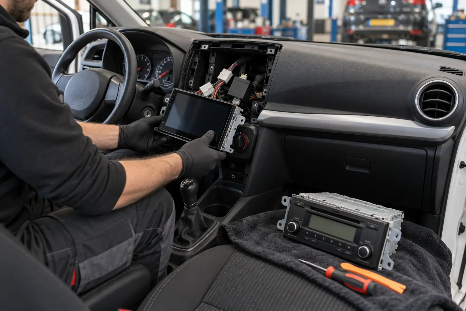 Android Auto radio inbouwen in Amersfoort: monteur houdt de nieuwe touchscreen-radio voor de open dashboardopening, de oude radio ligt op de stoel