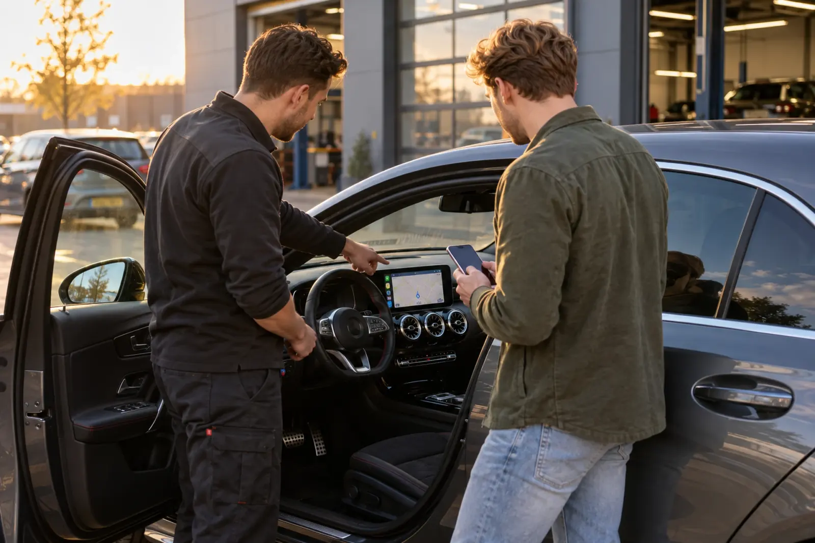 Monteur van de inbouwpartner wijst een klant uit Amersfoort de bediening van het nieuwe CarPlay-scherm bij de werkplaats
