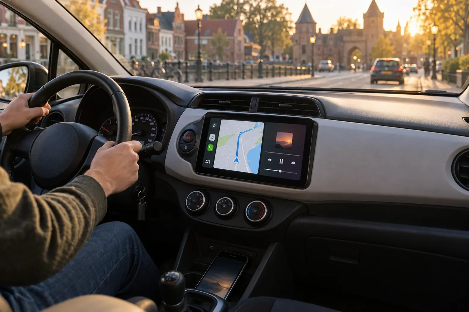 CarPlay bestellen in Amersfoort: navigatie en muziek op een ingebouwd scherm, met de binnenstad van Amersfoort door de voorruit