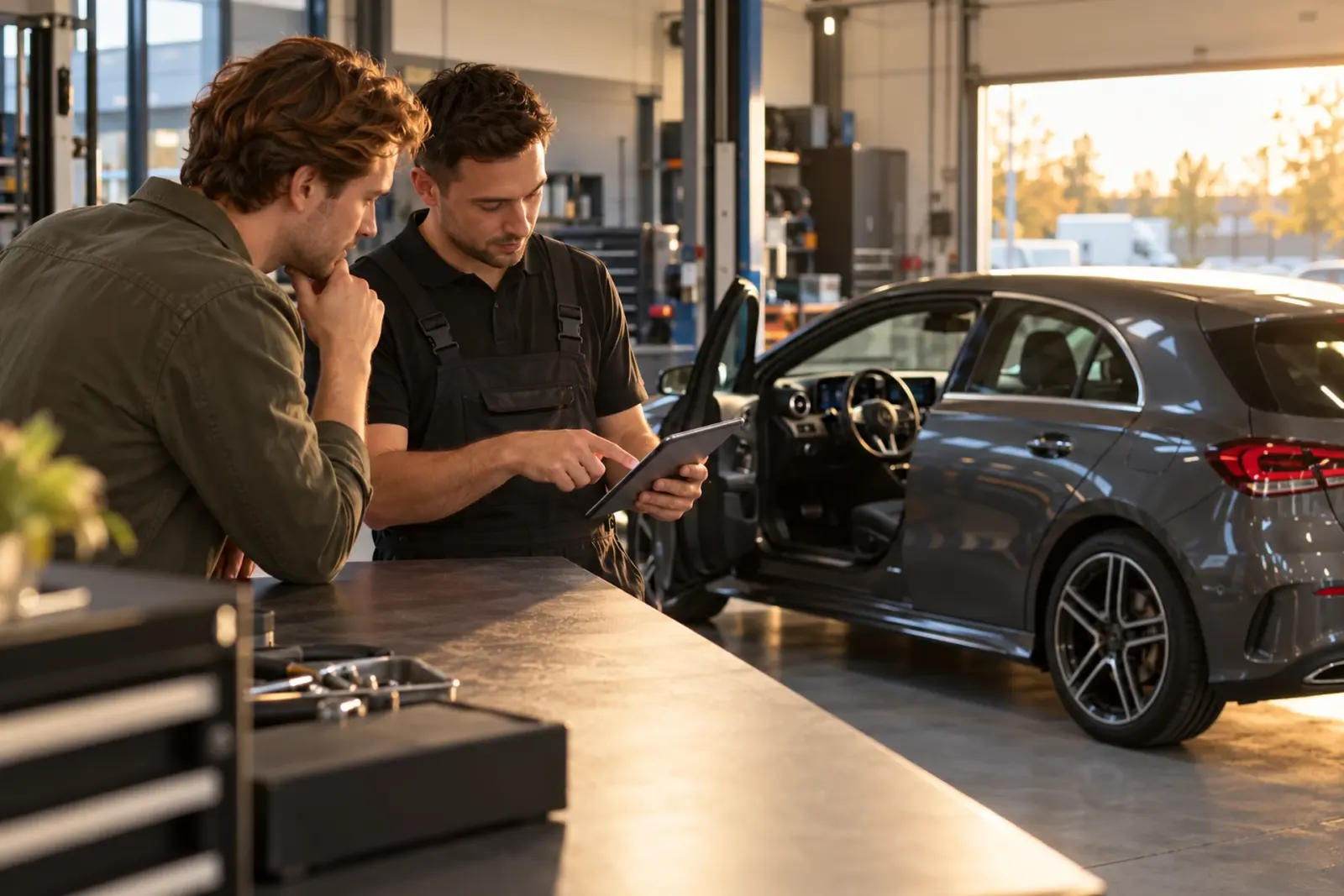 Specialist van de inbouwpartner bespreekt de CarPlay-offerte op een tablet met een klant uit Amersfoort aan de balie van de werkplaats