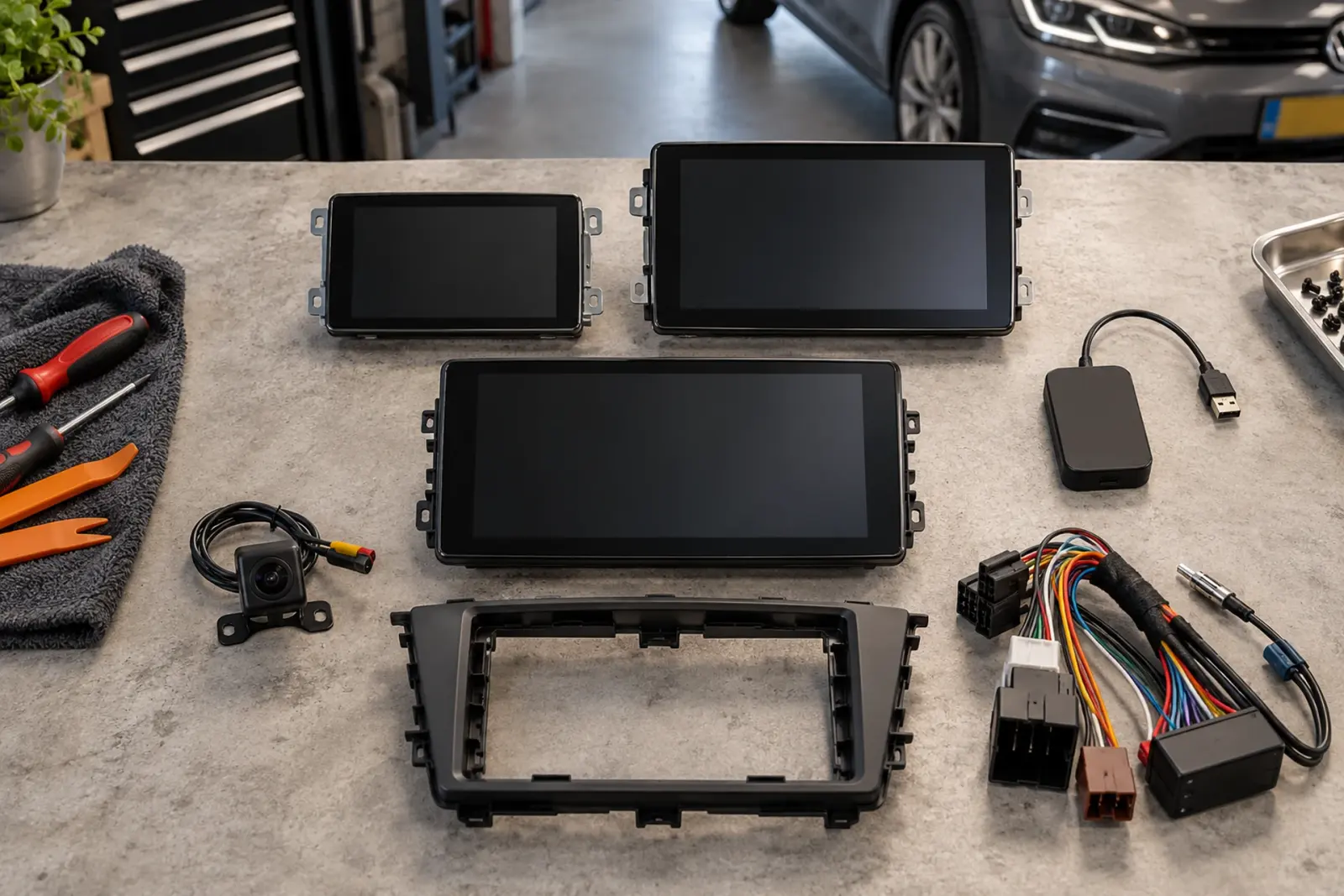CarPlay prijzen in Amersfoort: drie schermen, een inbouwframe, een achteruitrijcamera en een draadloze adapter uitgestald op de werkbank van de inbouwpartner