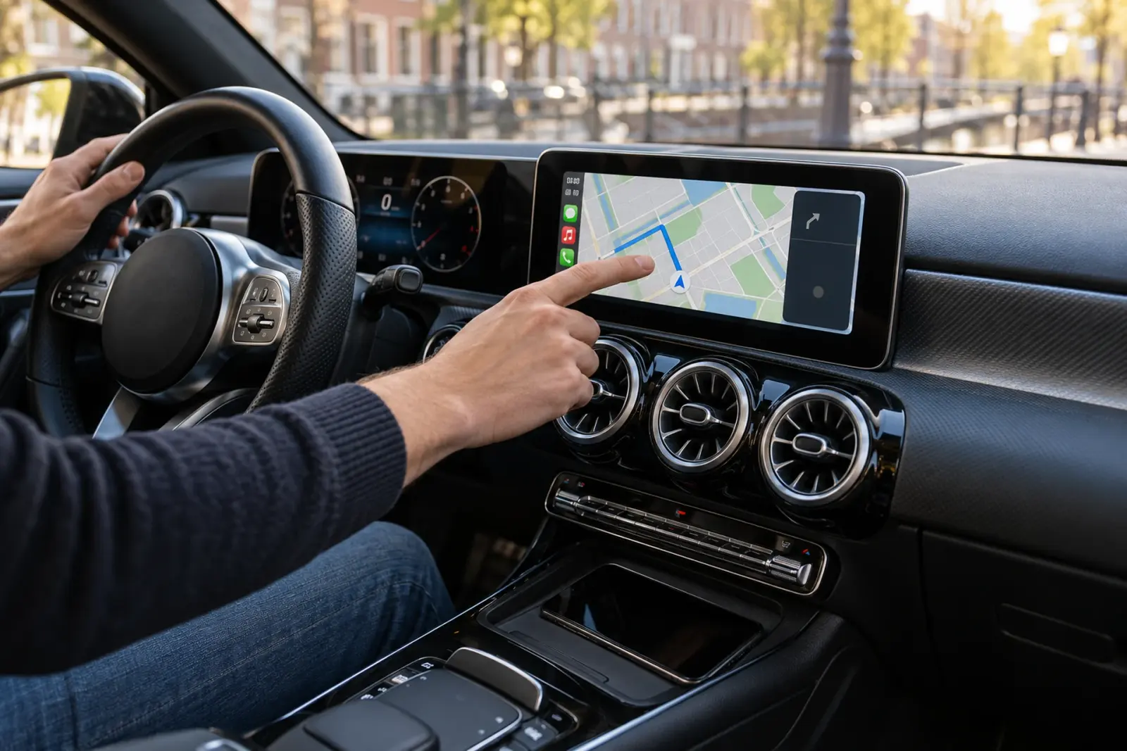 Bestuurder uit Amersfoort tikt een route aan op een breed CarPlay-scherm, met grachtenpanden achter de voorruit