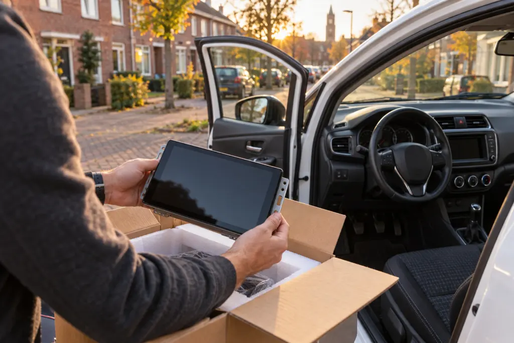 Nieuw 2-DIN touchscreen wordt uitgepakt naast een auto in een woonstraat in Amersfoort