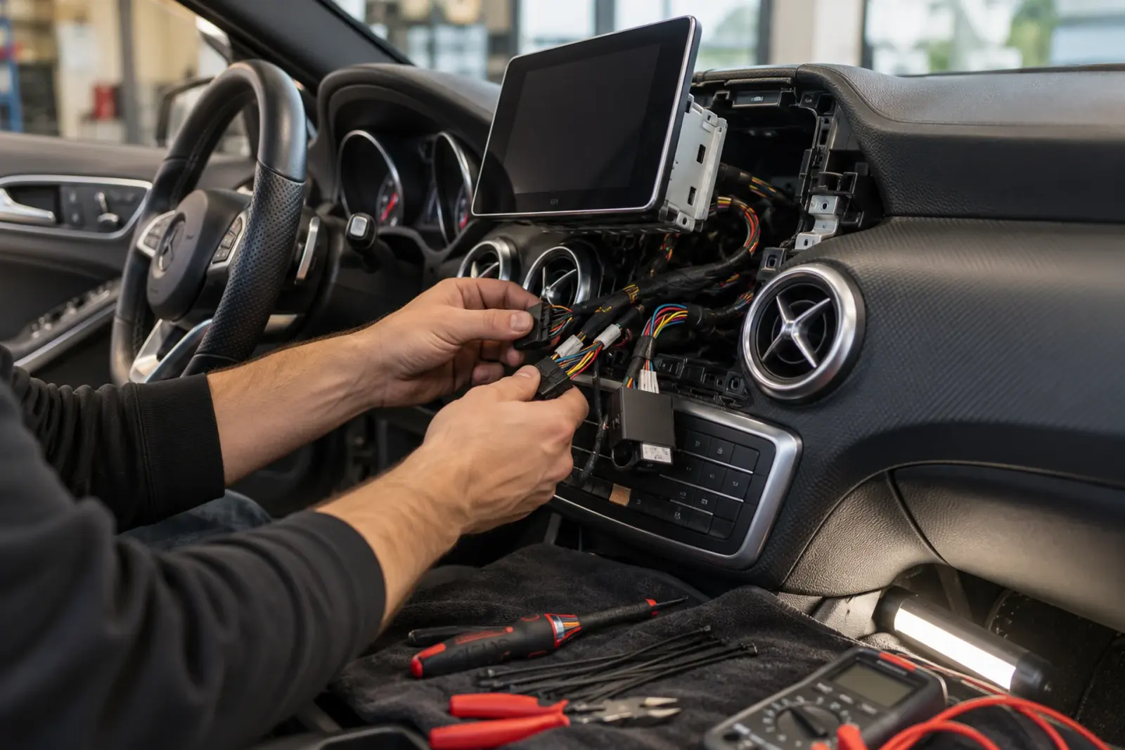 Monteur sluit de kabelboom en interface aan achter het dashboard van een auto uit Amersfoort, het nieuwe CarPlay-scherm staat nog los