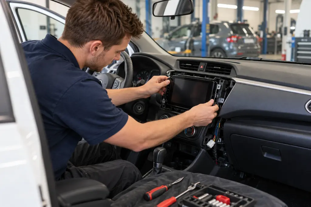 Monteur plaatst een CarPlay-scherm in de dashboardopening van een auto uit Amersfoort in de werkplaats van de inbouwpartner